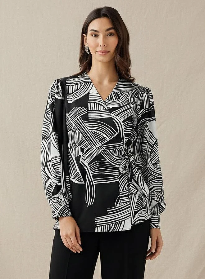 Iconic Iconic Regular Fit Wrap Top with Geometric Print